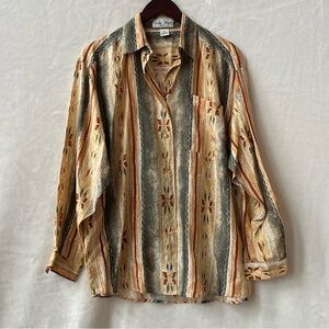 Size Medium Susan Marsh Silk Button Down Shirt Vintage Tribal Stripe Boho Print